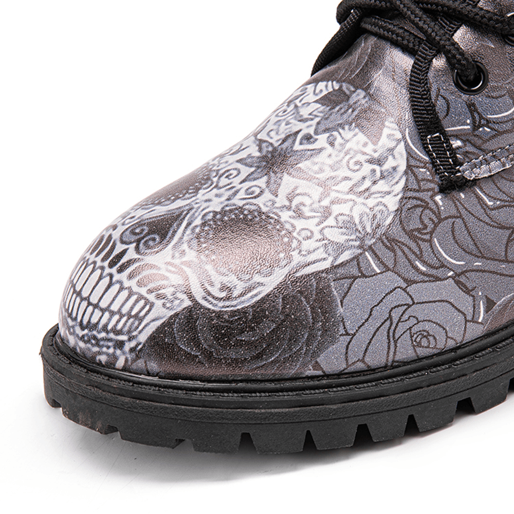 Men Leather Halloween Retro Floral Skull Pattern Thick-Soled Lace-Up Soft Comfy Casual Martin Boots - MRSLM