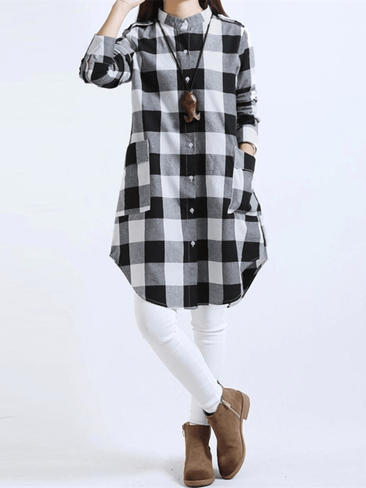 Women Casual Long Sleeve Plaid Loose Pocket Button Long Blouses - MRSLM