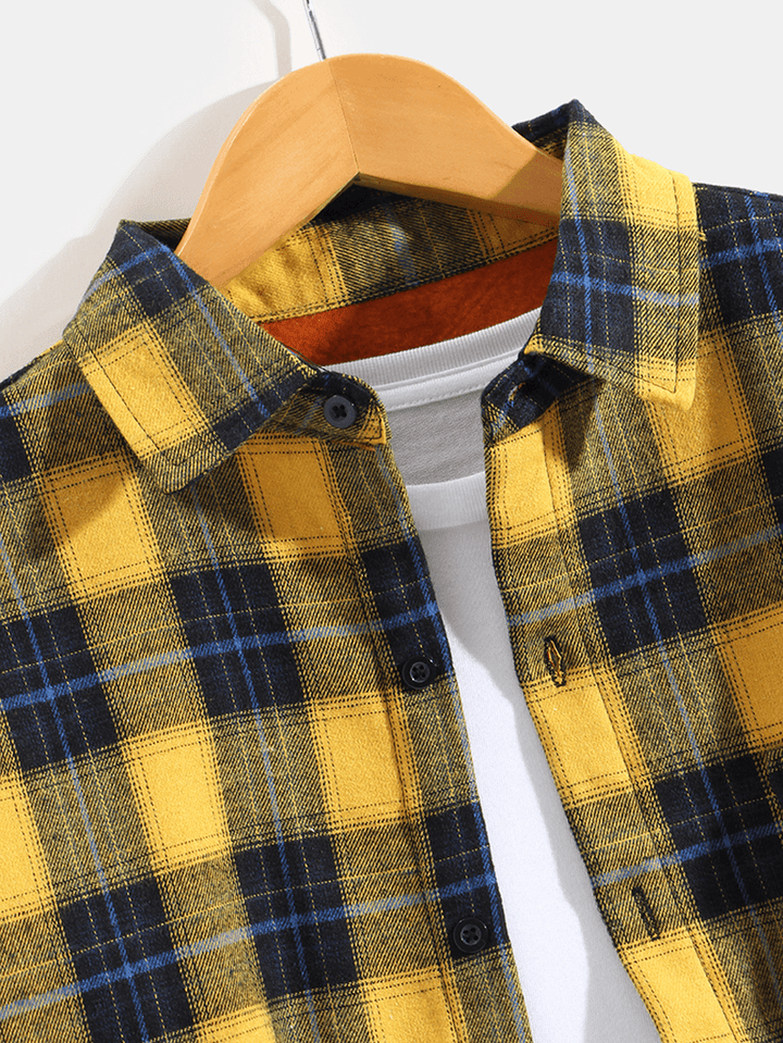 Mens Simple Plaid Thicken Button up Pocket Long Sleeve Shirts - MRSLM