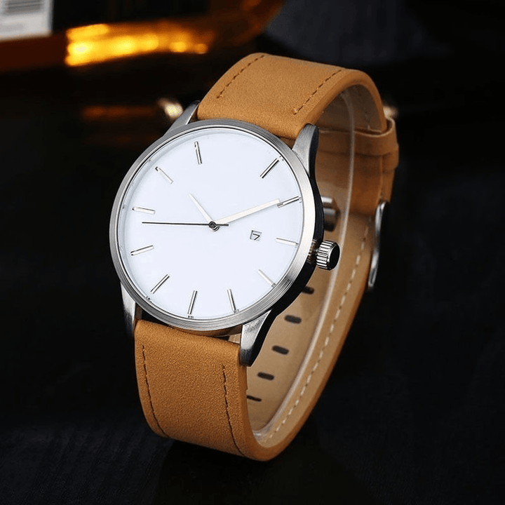 Casual Fashion Big Dial with Calendar Matte PU Leather Strap Men Wristwatch Quartz Watch - MRSLM