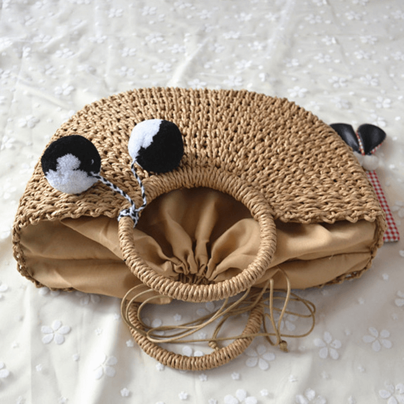 Women Casual Straw Handbag Woven Plush Ball Beach Bag - MRSLM
