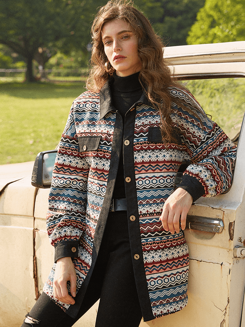 Vintage Jacquard Patch Corduroy Button Long Sleeve Coats - MRSLM