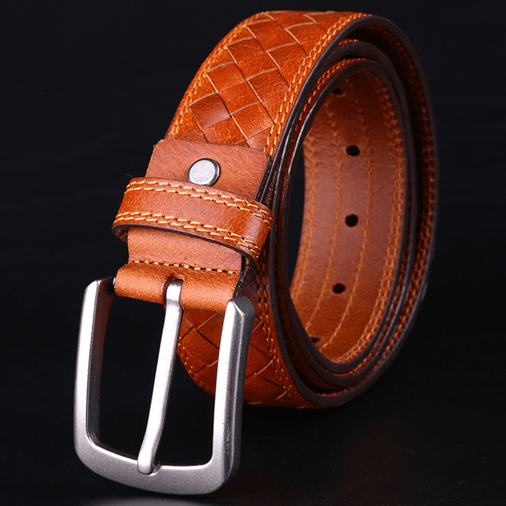 Men Genuine Leather Solid Color Retro Handmade Woven Jeans Skirt Belts - MRSLM