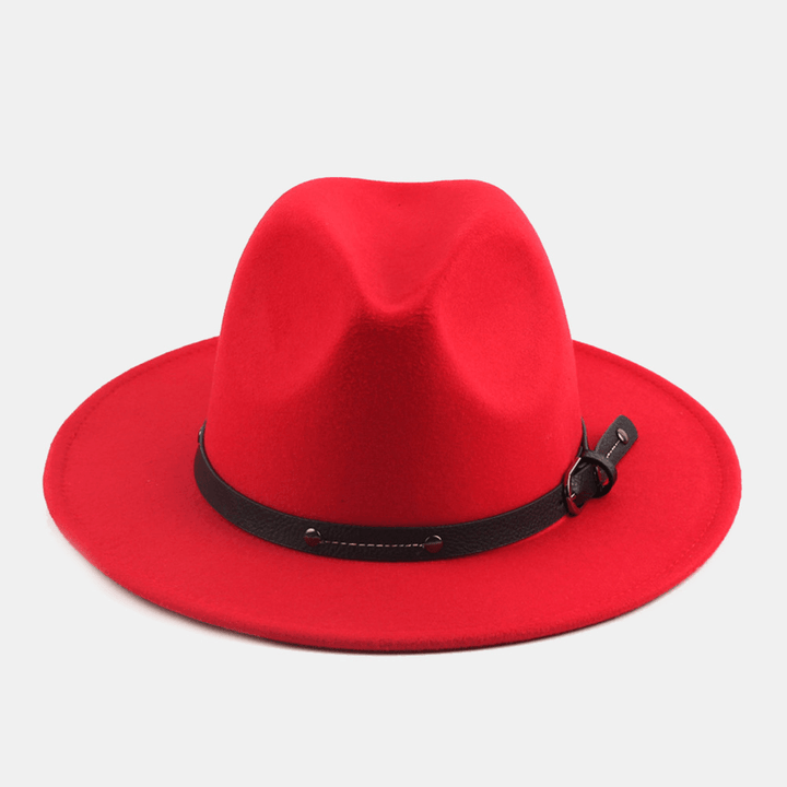 Unisex British Style Leather Belt Buckle Flat Brim Top Hat Fashion Outdoor Wide Brim Felt Hat - MRSLM