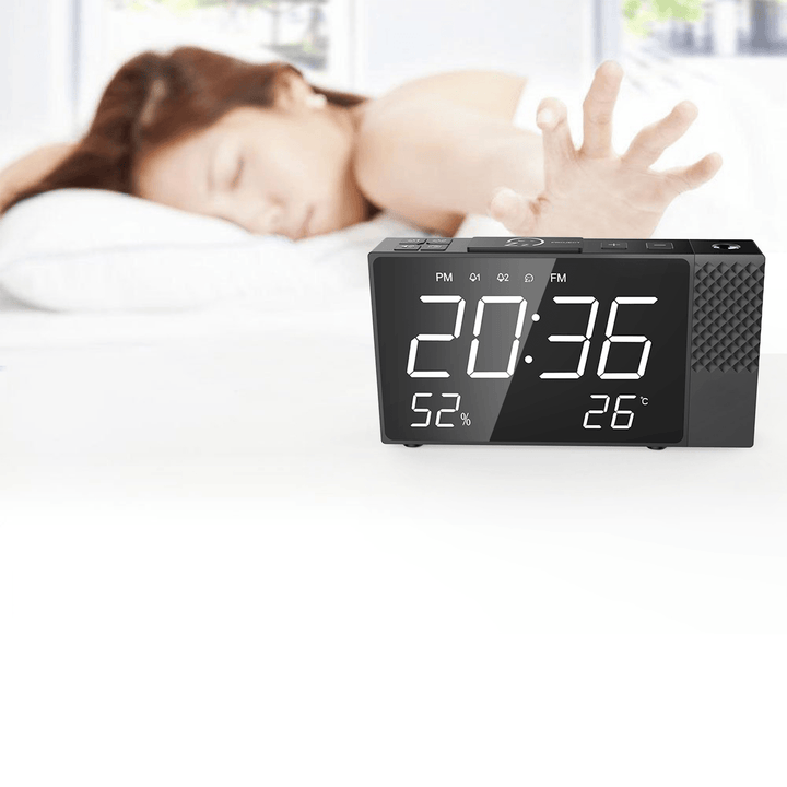 Projection Alarm Clock Digital FM Radio Dual Alarm Volume Snooze Time Humidity Temperature Display - MRSLM