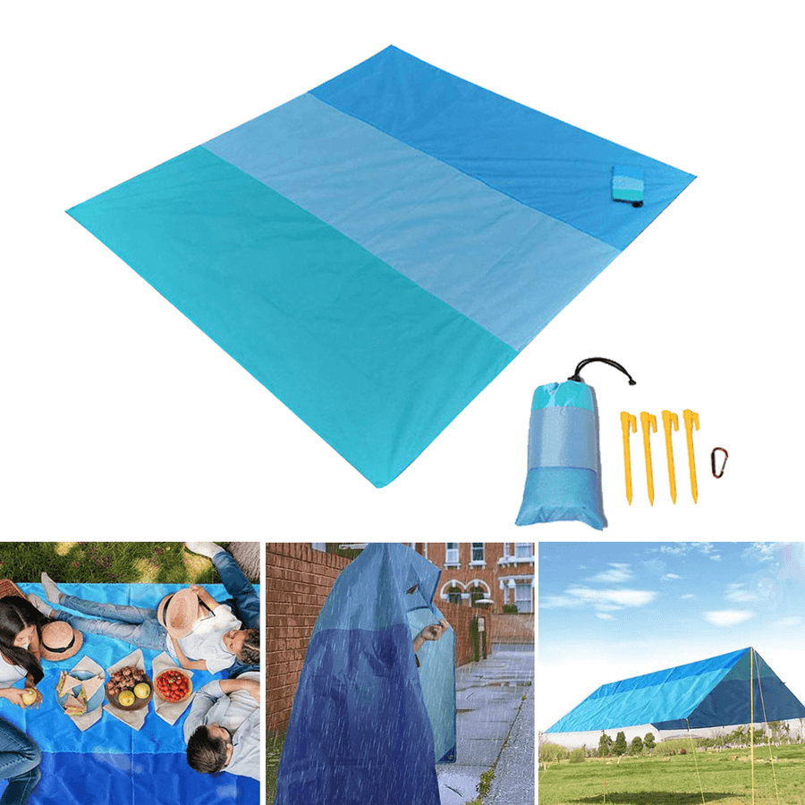 200X210Cm Beach Blanket Waterproof Multifunction Folding Picnic Mat Sunshade Canopy with Ground Nail Carabiner Camping Travel - MRSLM