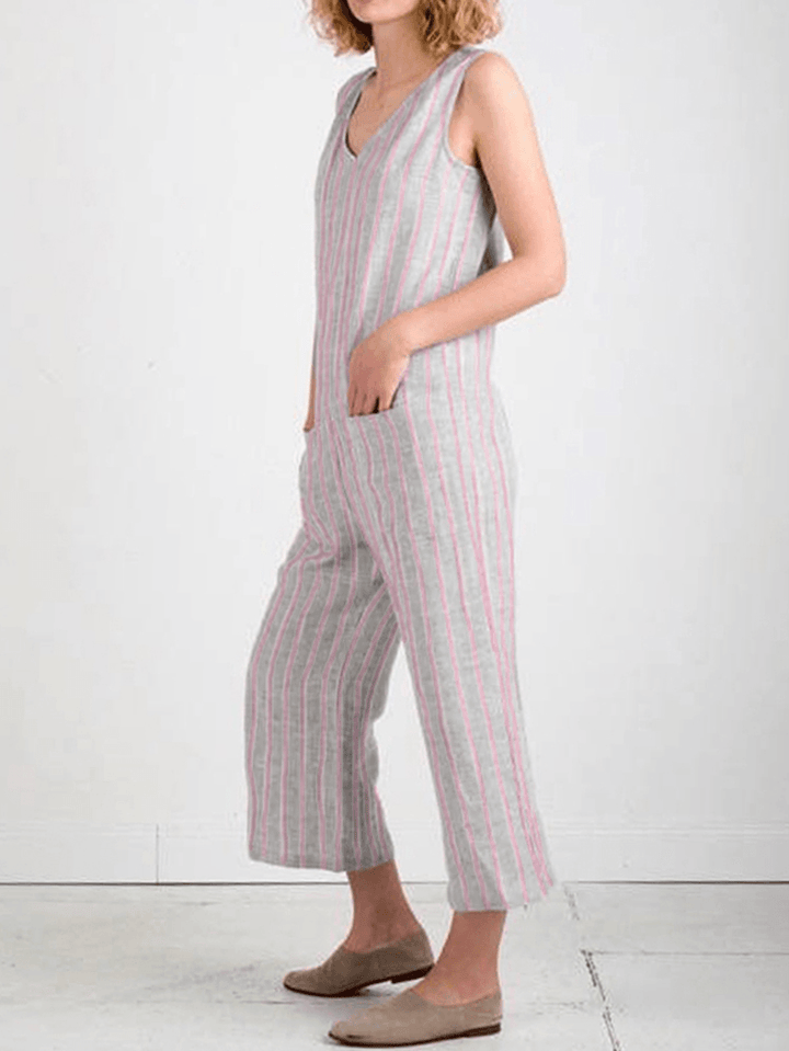 Women Stripe V Neck Wide Leg Sleeveless Casual Jumpsuit - MRSLM