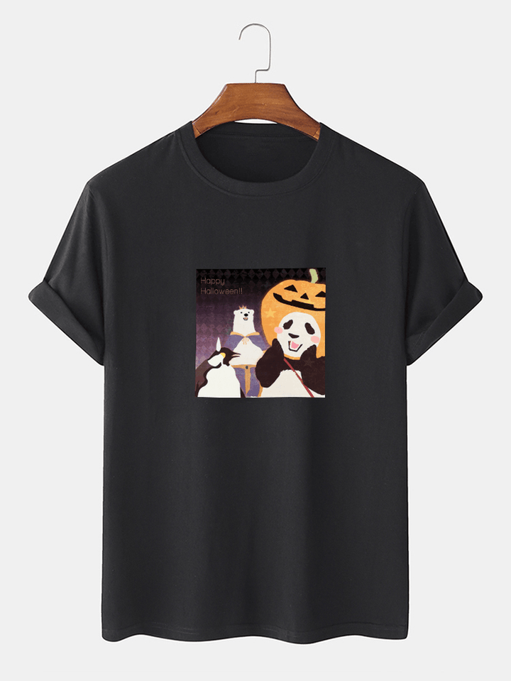 Mens 100% Cotton Halloween Cartoon Panda Print Crew Neck Short Sleeve T-Shirts - MRSLM