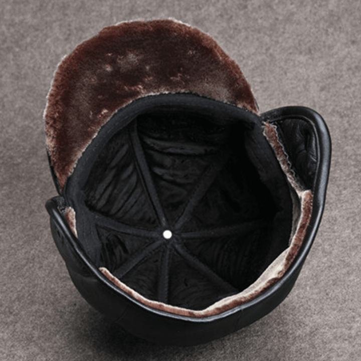 Men Sheepskin Thicken Winter Warmth Baseball Cap Built-In Ear Protection Earmuffs Design Middle-Aged Elderly Leather Hat - MRSLM