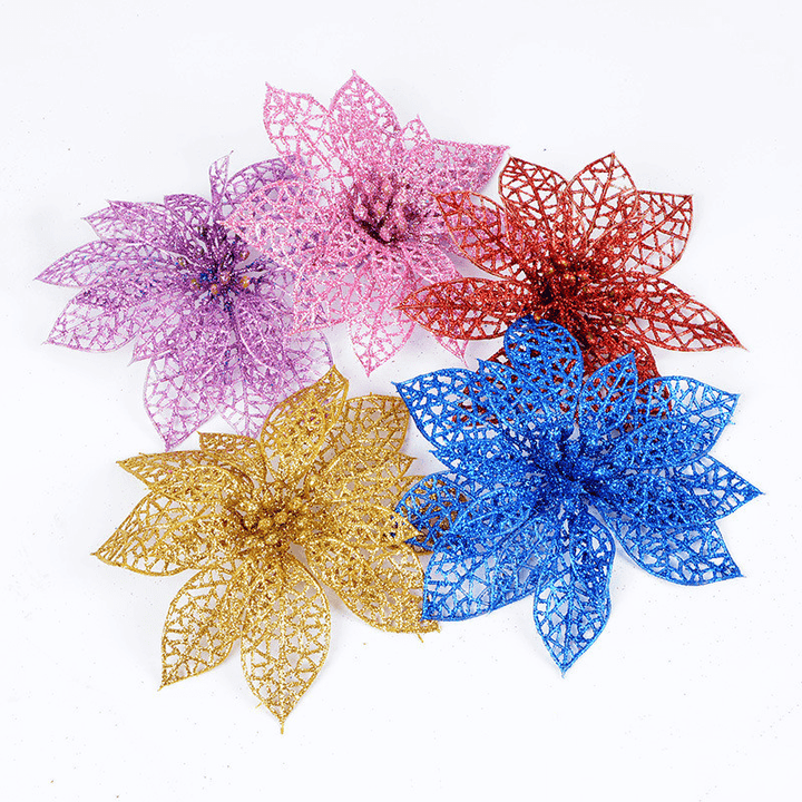 10Pcs Christmas Glitter Hollow Flower Decoration Flowers for Christmas Trees New Year Decorations Wedding Party Decor - MRSLM