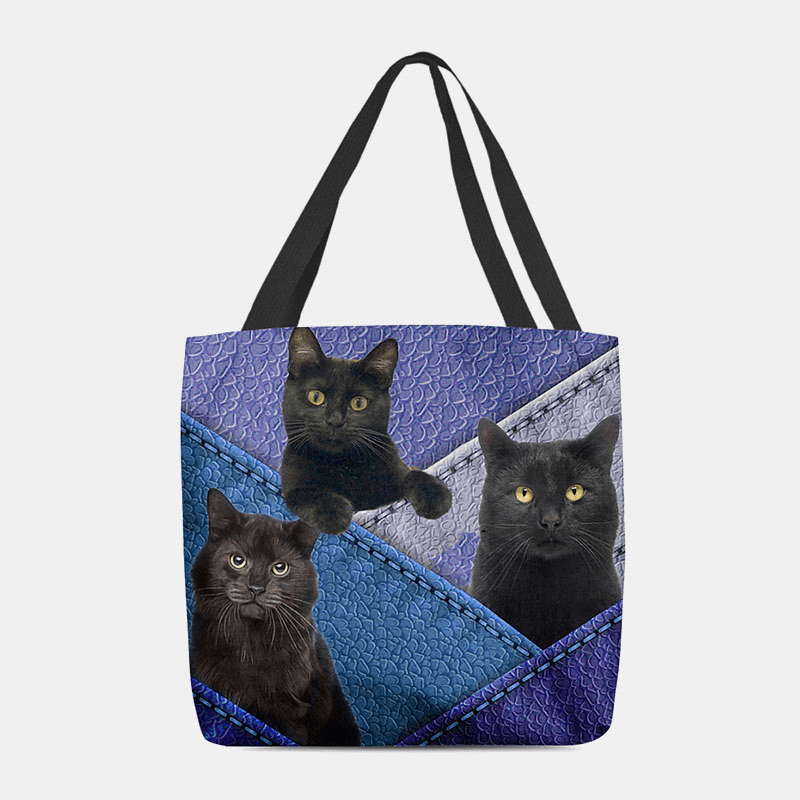 Women Felt Cats Pattern Patchwork Printing Handbag Shoulder Bag Tote - MRSLM