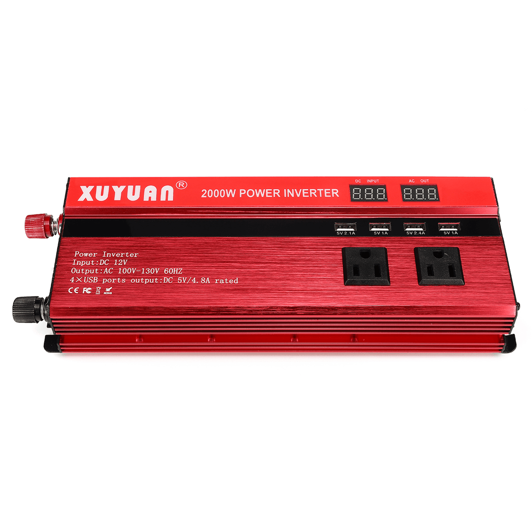 XUYUAN 2000W DC 12V to AC 110V Inverter 4USB 2 AC Outlets Solar Inverter LED Modified Sine Wave - MRSLM