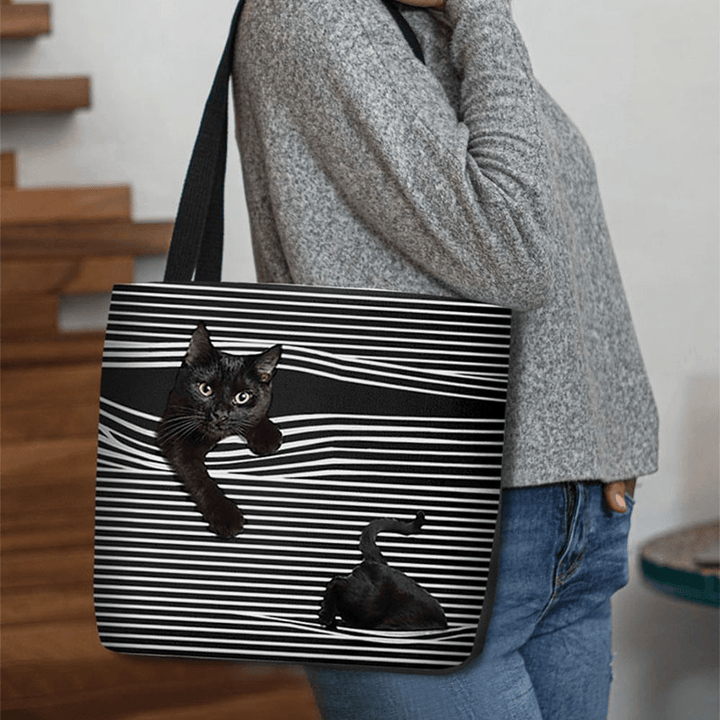 Women Felt Cute 3D Three-Dimensional Black Cat Stripes Pattern Shoulder Bag Handbag Tote - MRSLM