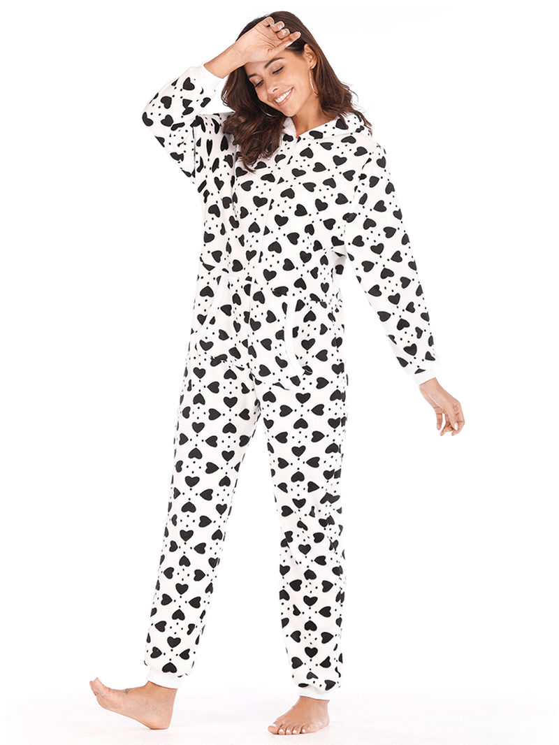 Flannel Heart Printed Front Zip Hoodie Onsie with Pocket Pajama Set - MRSLM