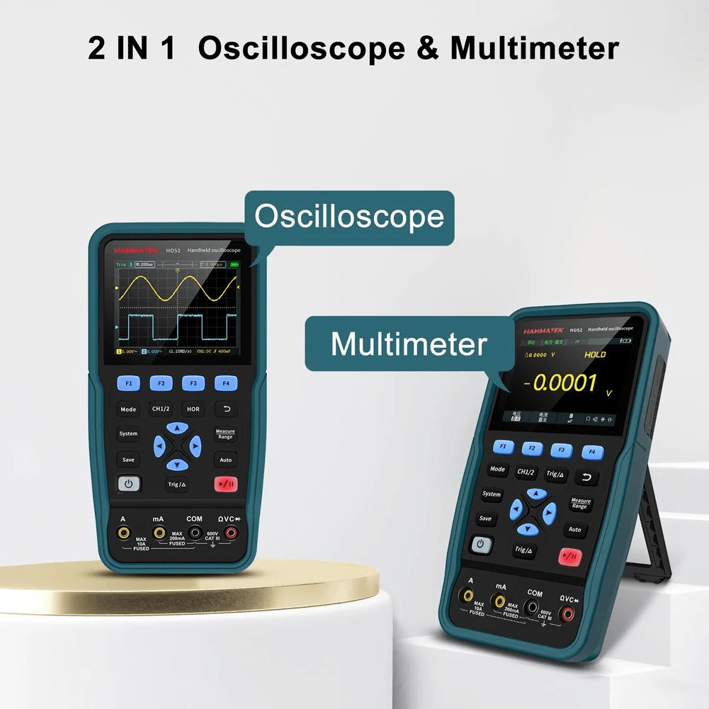 HANMATEK HO52 2 in 1 Digital Oscilloscope + Multimeter 50Mhz Bandwidth Handheld Dual Channel 3.5 Inch LCD Display Oscilloscope Voltage/Current/Resistance/Capacitance/Diode/On-Off Test 4 1/2 True RMS Multimeter - MRSLM