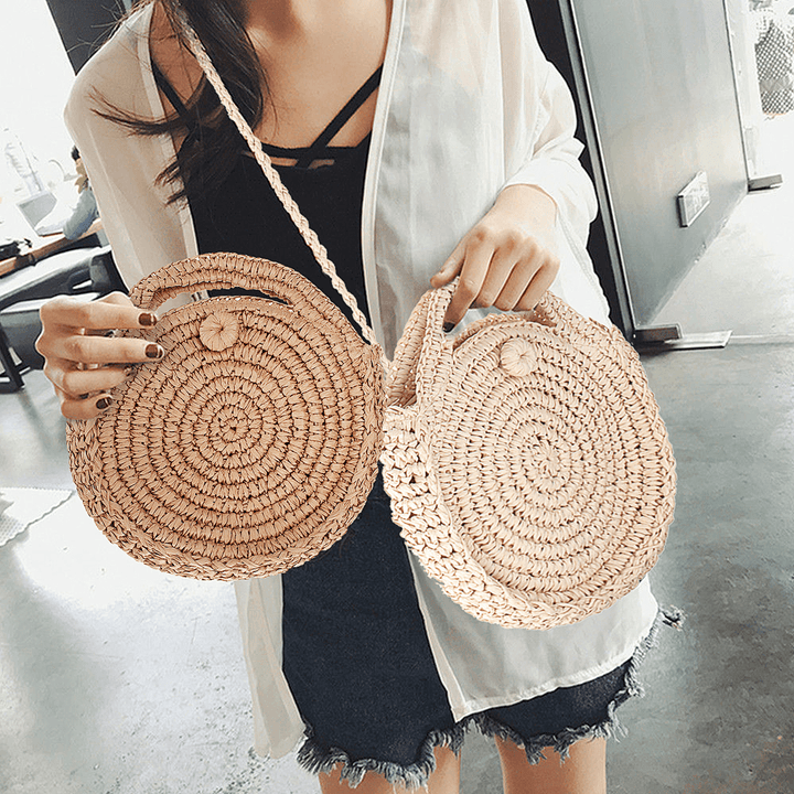 Round Straw Bag Beige White Women Rattan Circle Handwoven Shoulder Bag Crossbody Bag - MRSLM