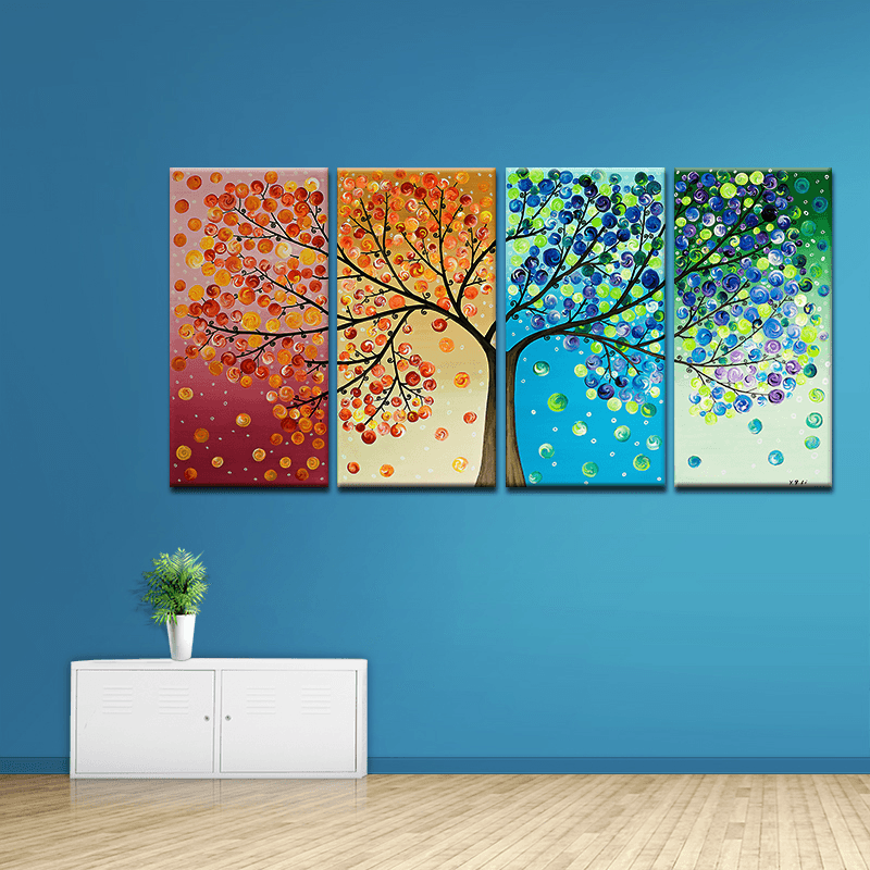 Miico Hand Painted Four Combination Decorative Paintings Four-Color Life Tree Wall Art for Home Decoration - MRSLM