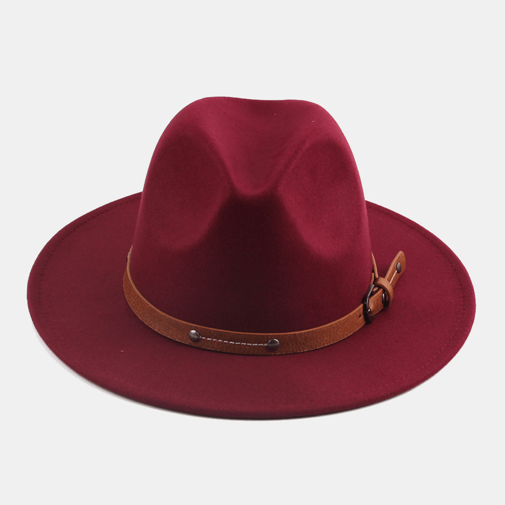 Unisex British Style Leather Belt Buckle Flat Brim Top Hat Fashion Outdoor Wide Brim Felt Hat - MRSLM