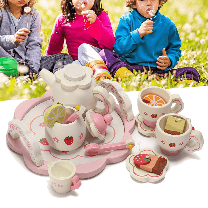 Wooden Kids Simulation Tea Set Role Game Kitchen Toys Pretend Ice Cream Cups Cooking Set Teapot Tray Bowl Gifts Improve Practical＆Thinking Ability - MRSLM