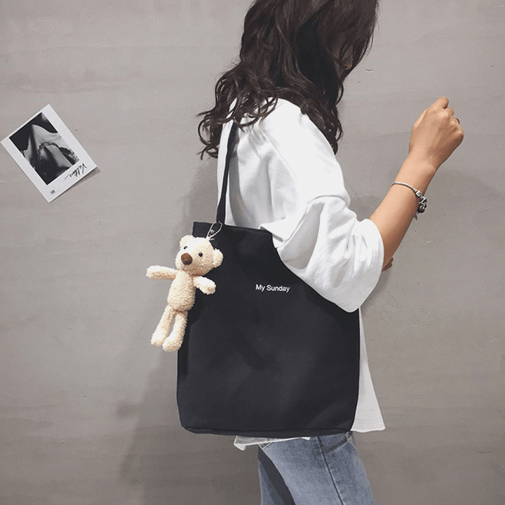 Women Casual Canvas Waterproof Handbag Letter Pattern Shopping Bag Magnetic Snap Doll Accessories Tote Shoulder Bag - MRSLM