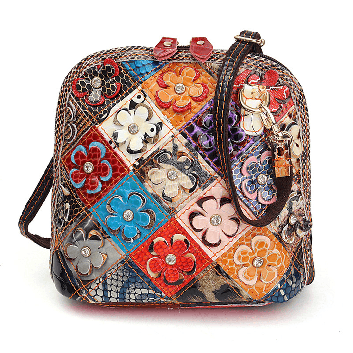 Women Genuine Leather Patchwork Floral Crossbody Bag - MRSLM