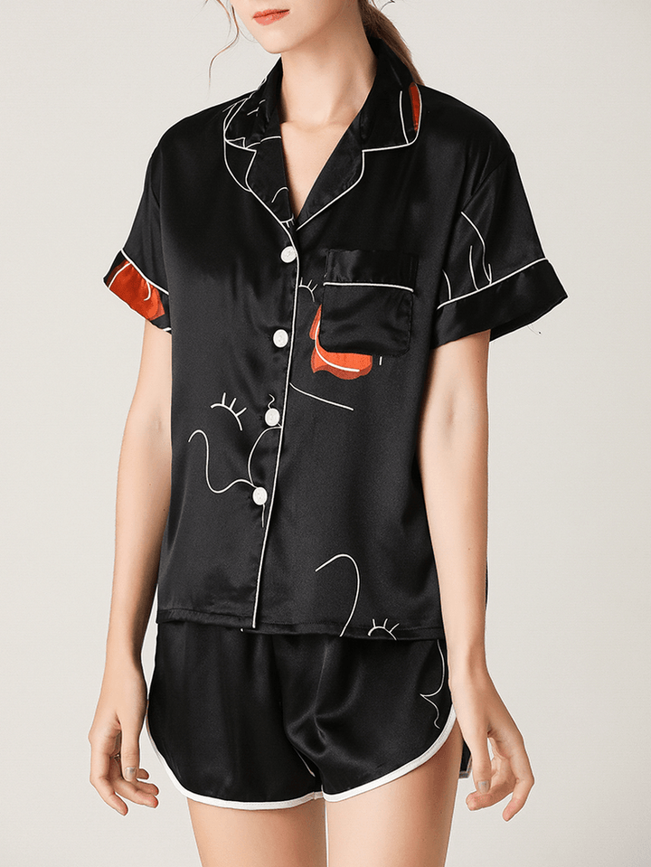 Women Abstract Graffiti Print Revere Collar Short Sleeve Black Home Pajama Set - MRSLM