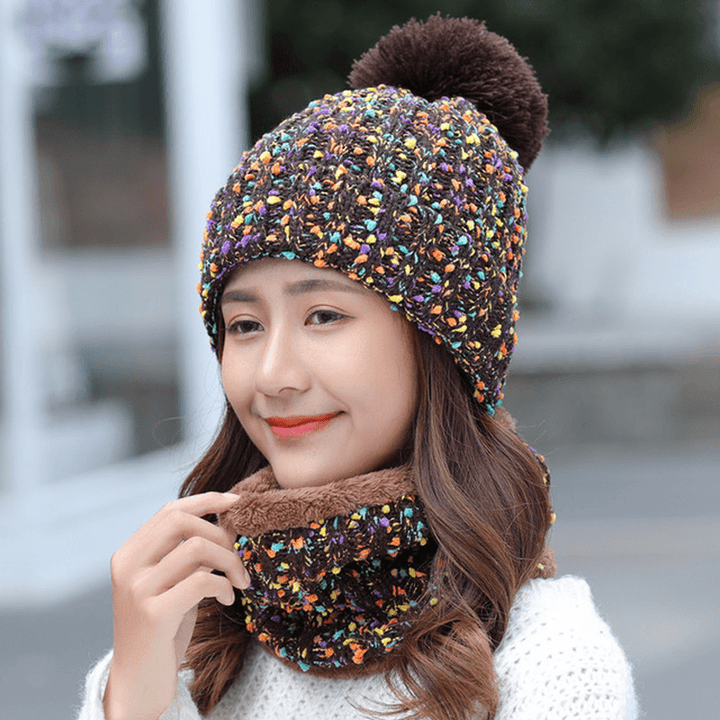 Thick Warm Wool Cap Bib Two-Piece Set Beanie Warm Winter Pom Cap - MRSLM