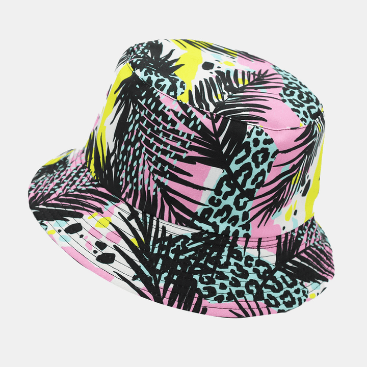 Unisex Double-Side-Wear Overlay Colorful Plant Graffiti Sunshade Bucket Hat Beach Hat - MRSLM