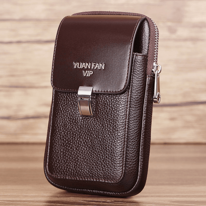 Men Retro Vertical Soft Leather Multifunction Large Capacity 6/6.5 Inch Phone Bag Belt Bag Waist Bag - MRSLM