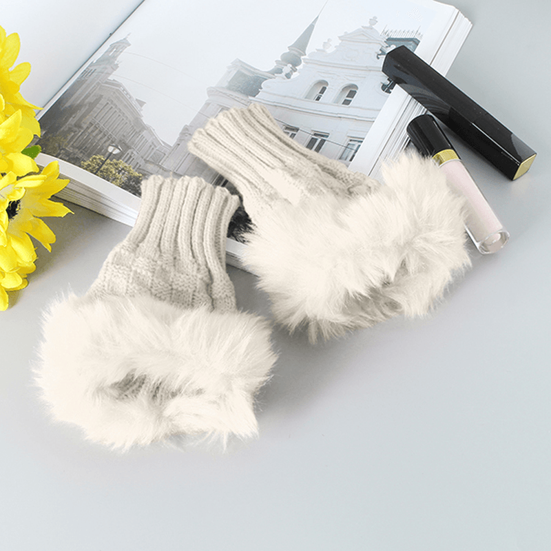 Women Winter Warm Knitted Thicken Fingerless Gloves Artificial Rabbit Hair Half Finger Sleeve - MRSLM