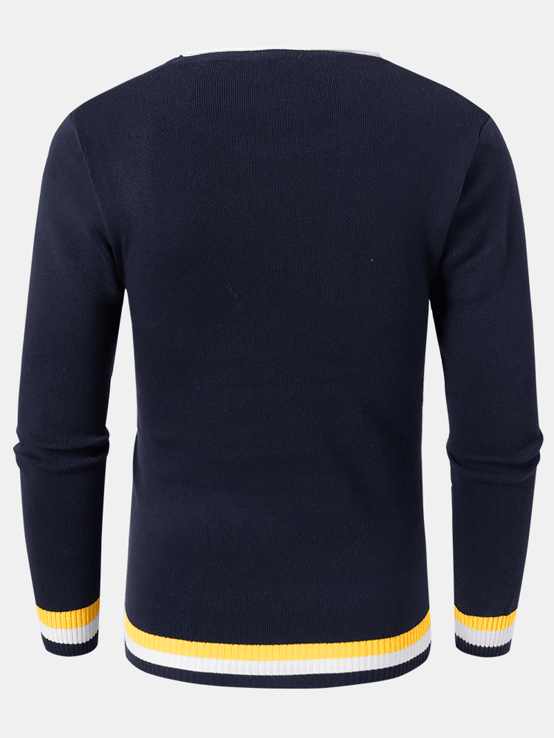 Mens Knitted Contrast Rib round Neck Long Sleeve Pullover Sweaters - MRSLM