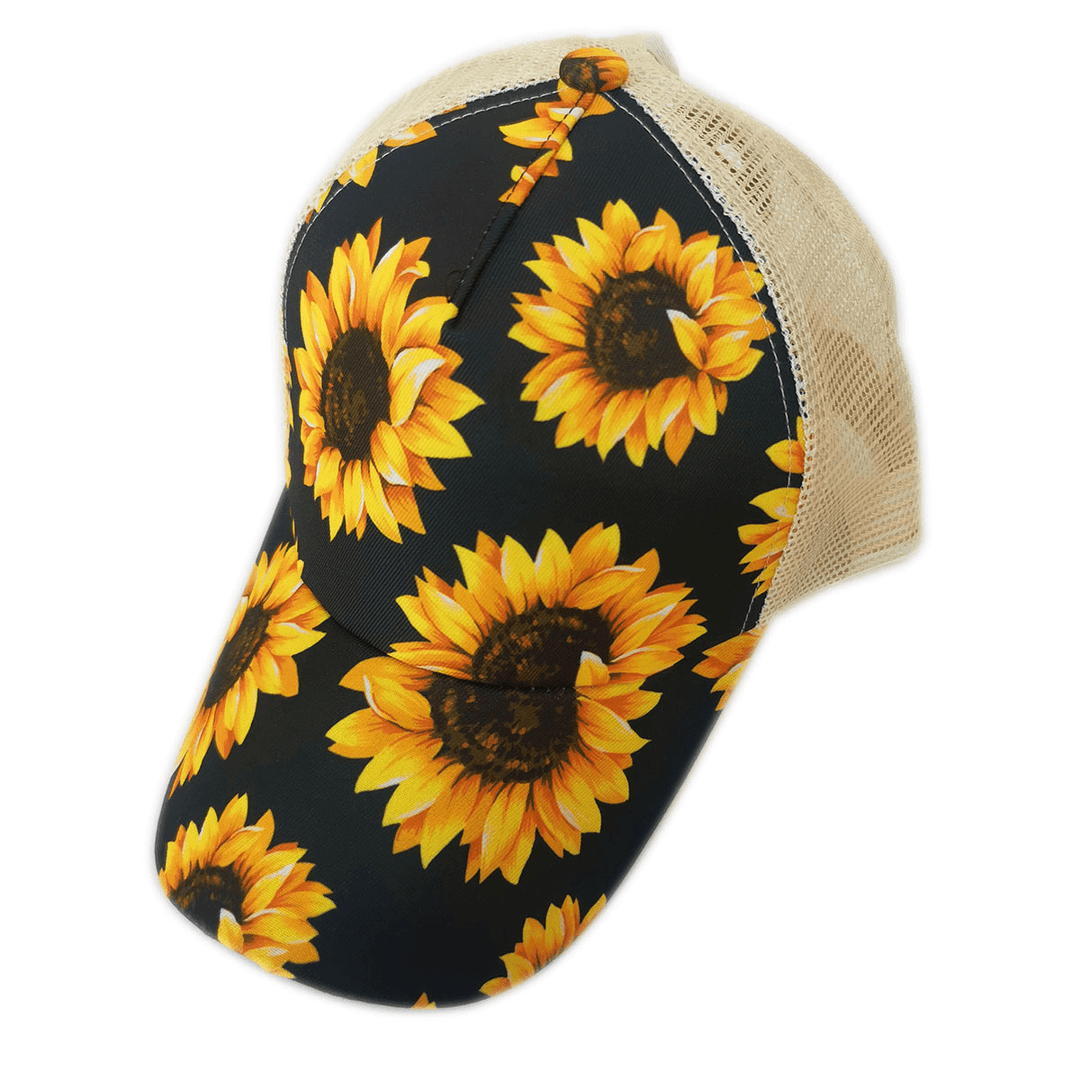 European and American Sunflower Print Baseball Cap, Back Cross Ponytail Cap, Color Striped Sunscreen Mesh Cap - MRSLM