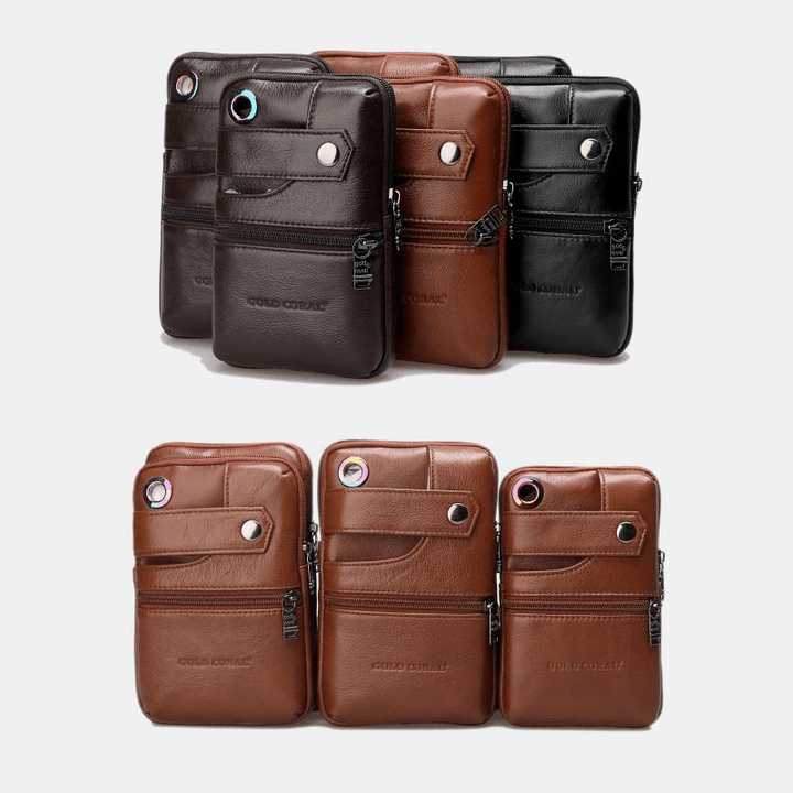 Men Genuine Leather Retro Business Double Layers 6.5 Inch Phone Bag Waist Bag with Belt Loop - MRSLM