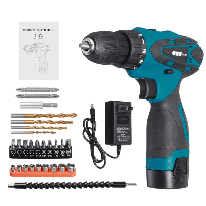 16.8V Cordless Electric Drill Driver 23+1 Torque Multifuntional Screwdriver Power Tool W/ Battery & Drill Bits Set - MRSLM