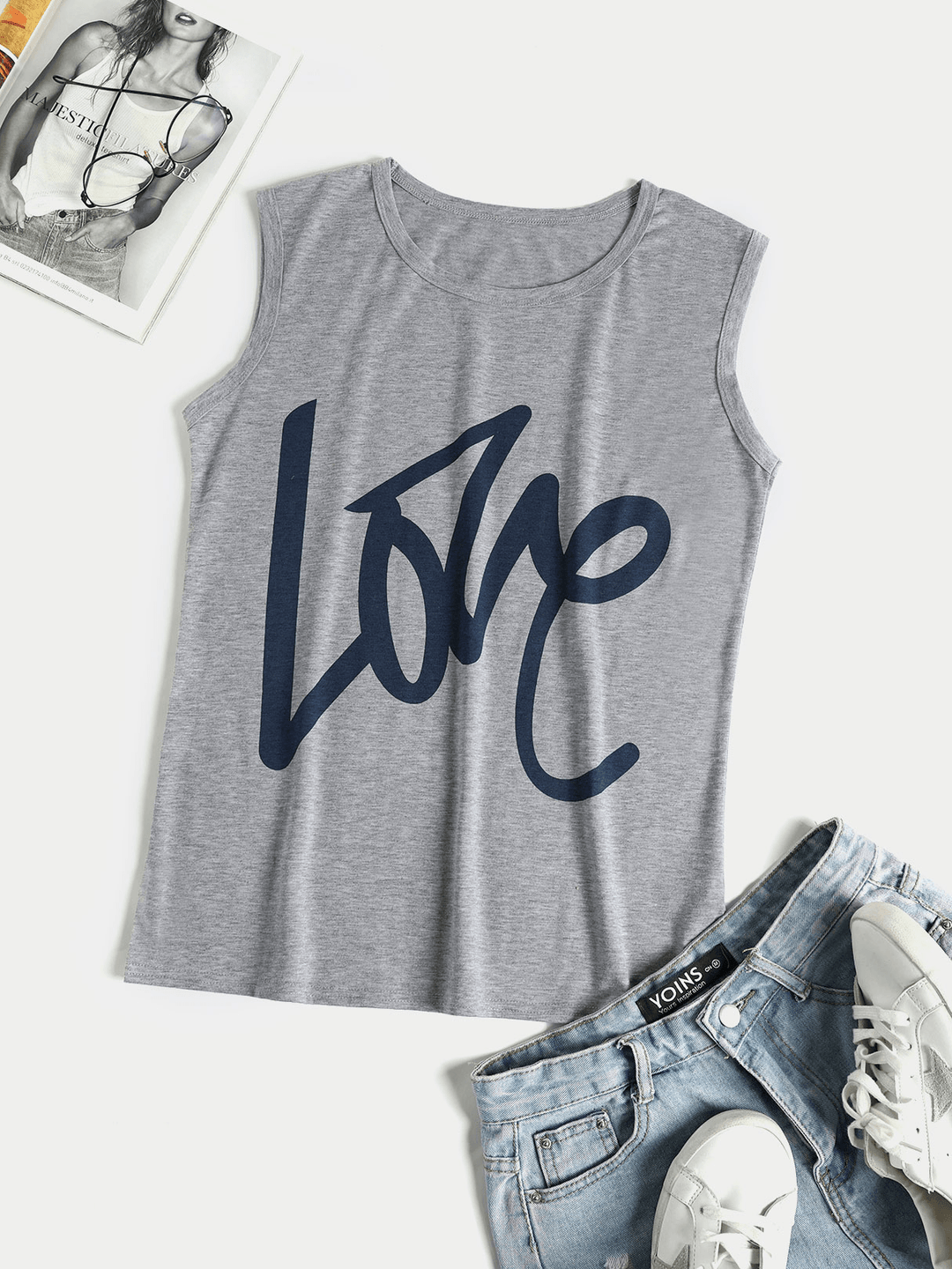 Grey Letter Pattern round Neck Sleeveless Basic Casual Tank Top - MRSLM