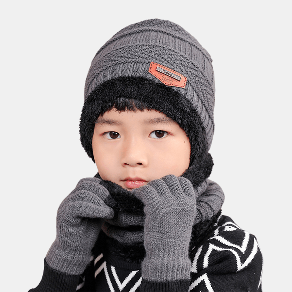 Men Child 3PCS Solid Color Keep Warm Sets Fashion Casual Wool Hat Beanie Scarf Full-Finger Gloves - MRSLM