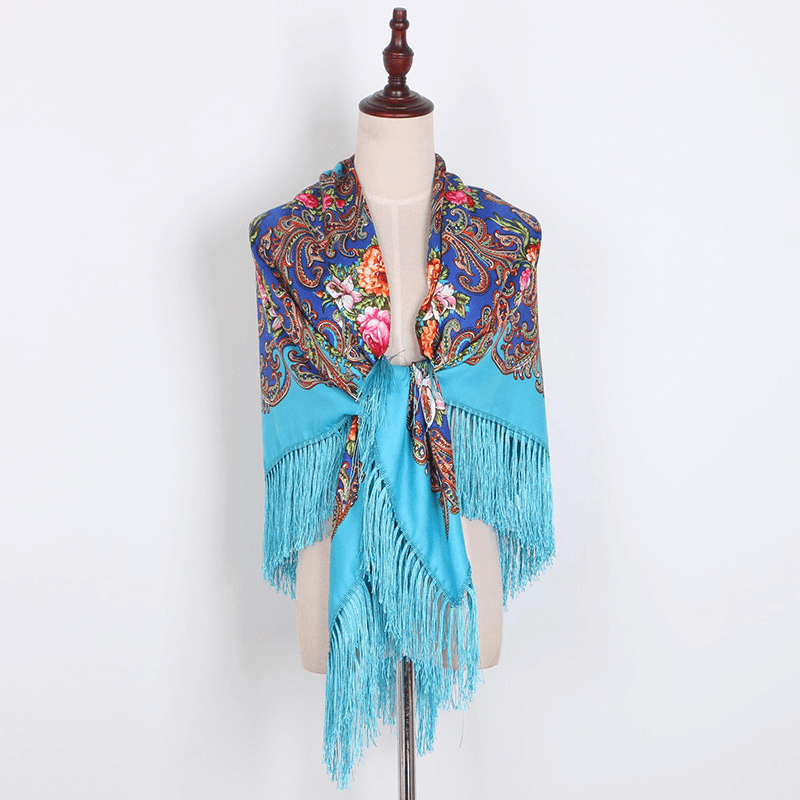 Warm Shawl National Wind Print Tassel Square Towel Travel Female Scarf - MRSLM