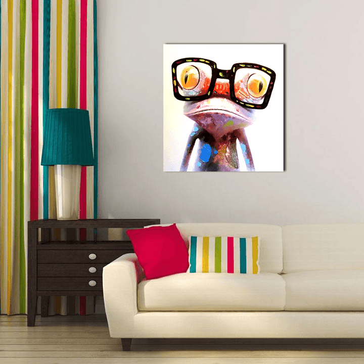 Miico Hand Painted Oil Paintings Animal Modern Art Happy Frog with Glasses on Canvas Wall Art for Home Decoration 20X20Cm - MRSLM