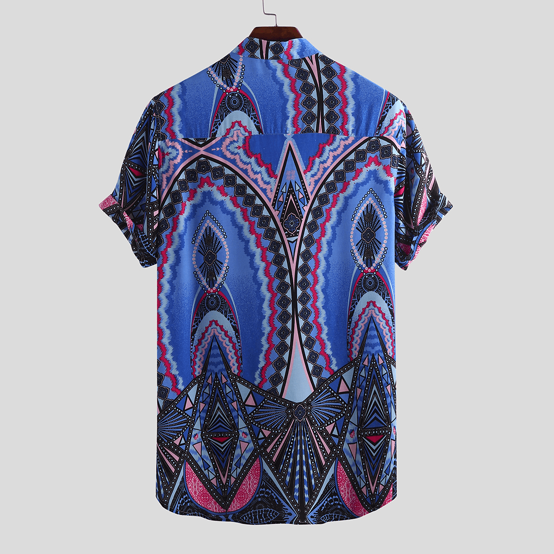 Mens Summer Stand Collar Ethnic Printed Casual Henley Shirts - MRSLM