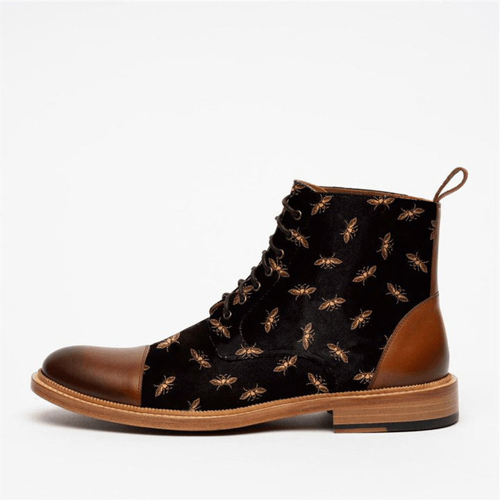 Men British Style Cap Toe Splicing Bees Printed Cloth Ankle Jack Boots - MRSLM