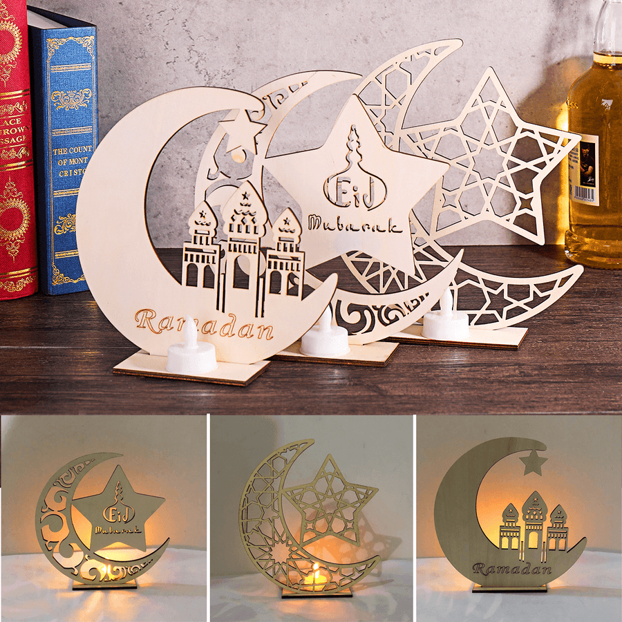 3 Types Eid Mubarak Moon Decoration Wooden Islam Mosque Plaque Pendant Ramadan Decorations - MRSLM