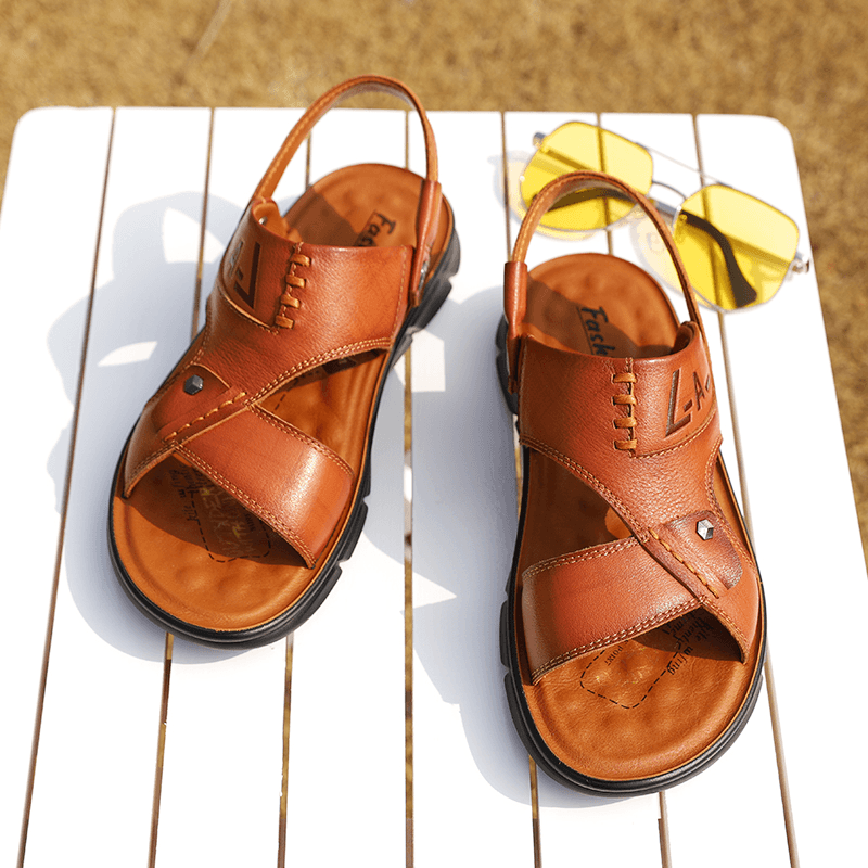 Men Cowhide Leather Opened Toe Non Slip Comforty Beach Casual Outdoor Sandals - MRSLM