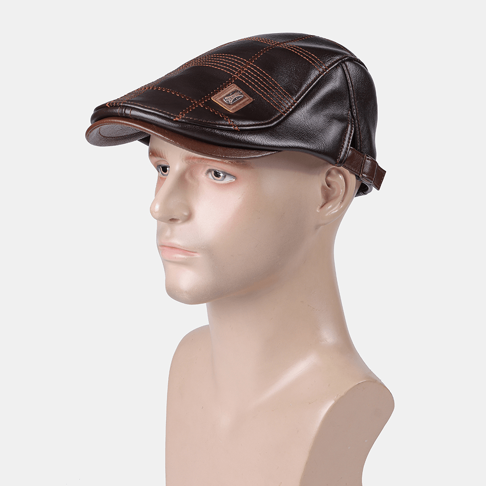 Collrown Men Faux Leather Stripe Pattern Vintage Solid Color Forward Hat Beret Hat - MRSLM