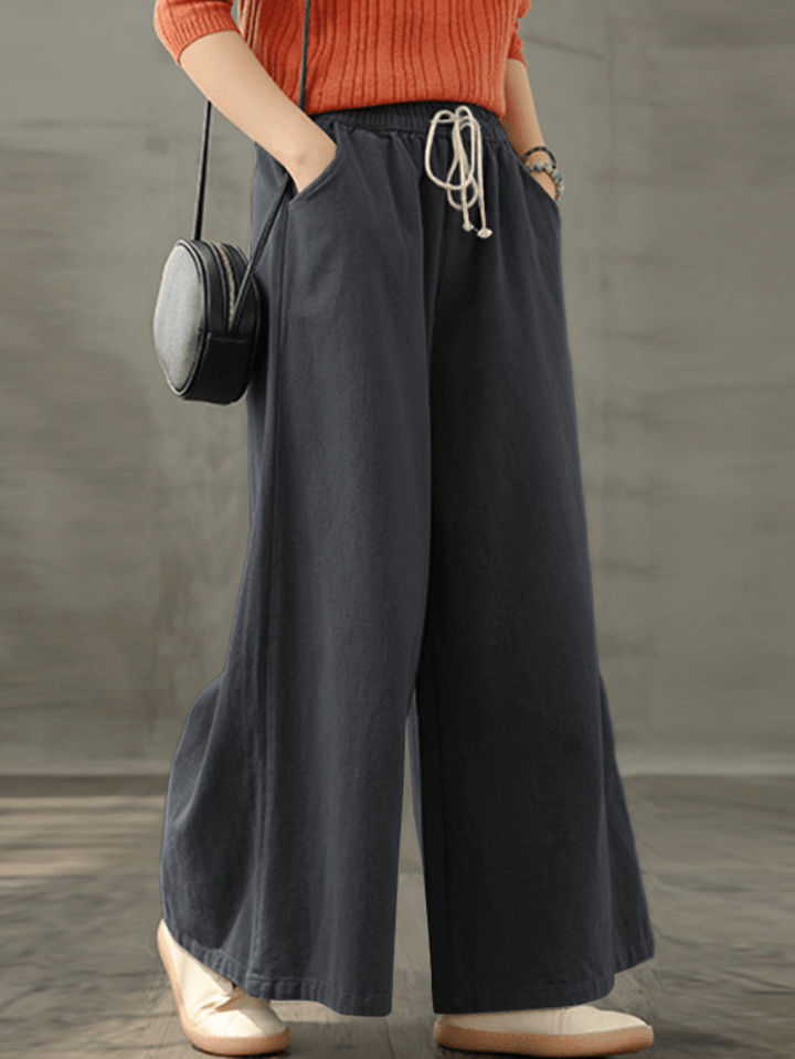 Women Vintage Drawstring Waist Loose Casual Wide Leg Pants with Pockets - MRSLM