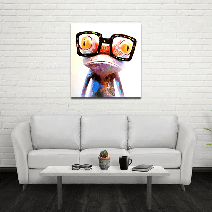 Miico Hand Painted Oil Paintings Animal Modern Art Happy Frog with Glasses on Canvas Wall Art for Home Decoration 20X20Cm - MRSLM