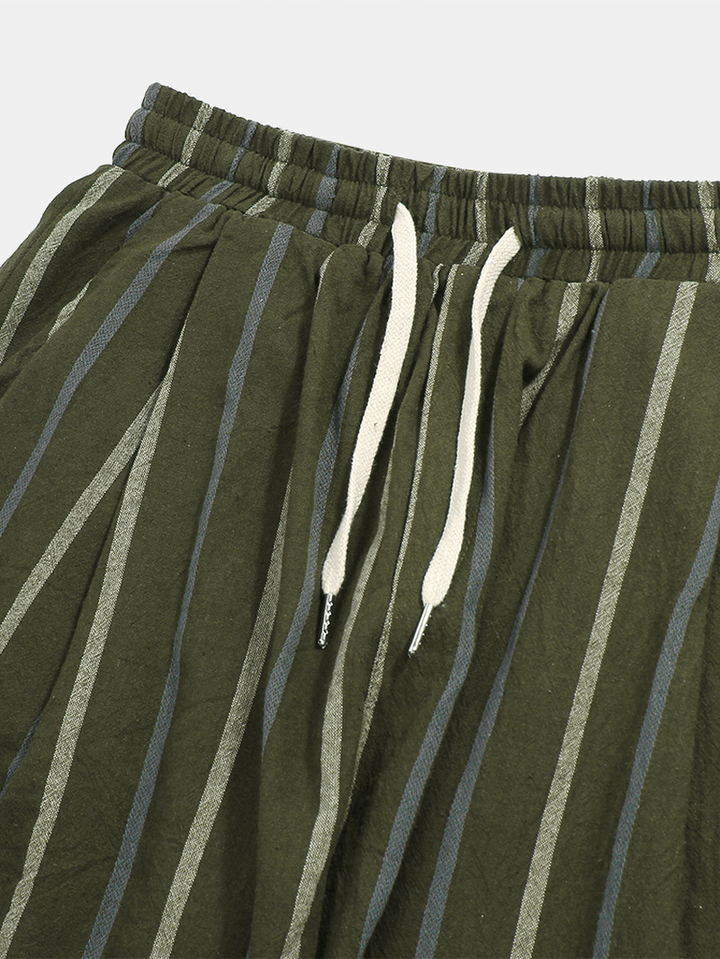 Mens Vintage Linen Stripe Elastic Waist Casual Pants - MRSLM