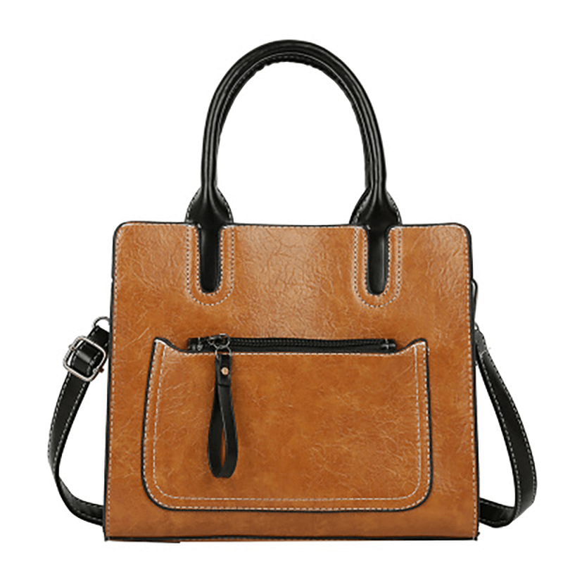 Women PU Leather Tote Handbag Retro Solid Leisure Crossbody Bag - MRSLM