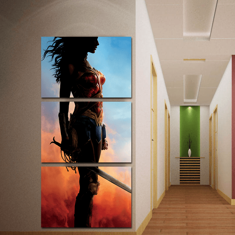 Miico Hand Painted Three Combination Decorative Paintings Wonder Woman Wall Art for Home Decoration - MRSLM