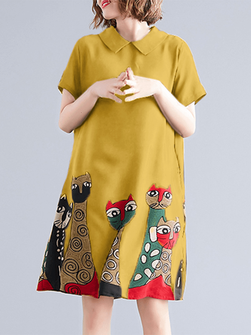 Short Sleeve Lapel Loose Back Button Animal Printed Dress for Women - MRSLM