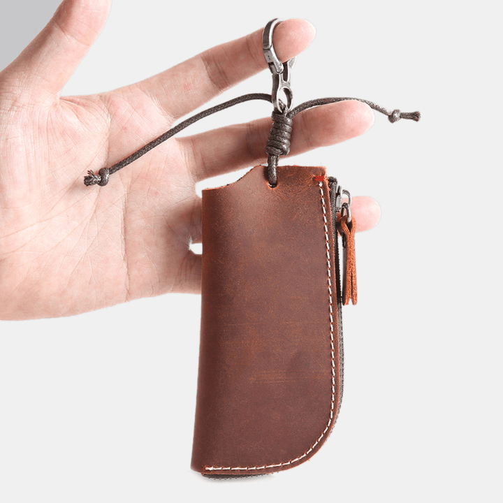 Men Genuine Leather Cowhide Mini Easy Carry Hanging Car Key Bag Keychain Wallet - MRSLM